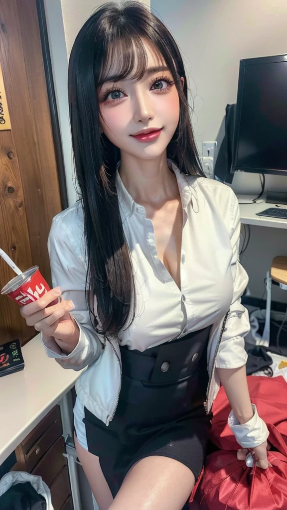 (SFW:1.8, highest quality、highest quality、masterpiece、Ultra-high resolution, 8k, RAW Photos, Realistic: 1.4), (Safe and secure、everyone、safety sensor、Absolutely safe, safety)
From feet to head、One Girl, the body is slim、Oval Face, pore, (Colored contact lenses、Lip gloss, Long eyelashes), ((Jirai Girl, Jirai Type Makeup:1.3))、(Mega size super big breasts:1.5),Long black hair, (Oily skin, Glowing Skin), (Perfect Fingers、accessories), 
(Little devil smile face、Sexy smile expression:0.8,  Open your mouth、Seducing girl), 
(Sexy pose, Late Night:1.5、Dark Room:1.5, Dim lighting:1.5)、

(Casual Office Lady Fashion:1.3、White shirt), 

Drinking canned beer、Japanese can of beer in hand、(((Messy room、The discarded jacket、Rubbish bag、rubbish、A lot of rubbish:1.5, Dirty room、A room full of rubbish)))、(Apartment Bed Room:1.5,)、Sit on a chair、(Drinking at home、pov:1.8)