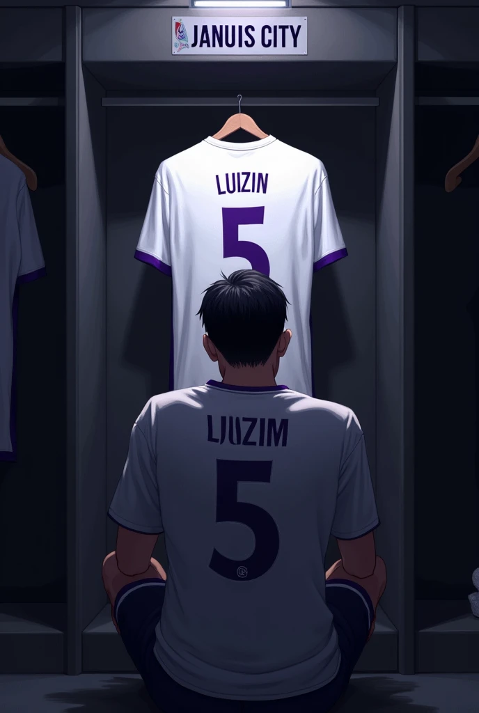 football locker room with a football player&#39;s cabin in this cabin there will be a white shirt with purple details (minimalists) on the collar and at the tip of the sleeve the shirt must be showing the back with the name LUIZIN highlighted and the shirt number must be number 5, the cabin at the top must contain the name of the club which is GALADOS CITY, all ambient light must be off, only the light of the sign with the name GALADOS CITY and a low light above the shirt indicating prominence must be on. (The image should be centered and not too far away) and the player with slightly dark skin, short black hair with a gradient and a beard showing that he cares about the current fashion style must be wearing pre-game clothes different from the shirt that is hanging in the locker room, the one he is wearing is gray with purple details on the sleeve and collar of the shirt and on the shorts, the player in the image must be sitting facing forward with his head down (indicating pre-game concentration)
