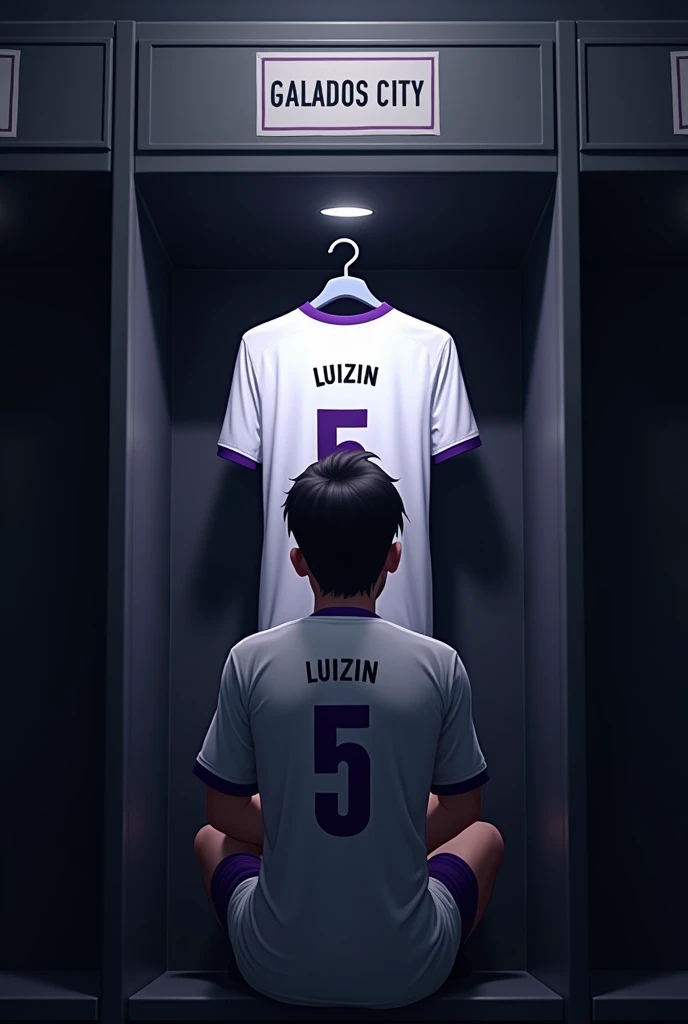 football locker room with a football player's cabin in this cabin there will be a white shirt with purple details (minimalists) on the collar and at the tip of the sleeve the shirt must be showing the back with the name LUIZIN highlighted and the shirt number must be number 5, the cabin at the top must contain the name of the club which is GALADOS CITY, all ambient light must be off, only the light of the sign with the name GALADOS CITY and a low light above the shirt indicating prominence must be on. (The image should be centered and not too far away) and the player with slightly dark skin, short black hair with a gradient and a beard showing that he cares about the current fashion style must be wearing pre-game clothes different from the shirt that is hanging in the locker room, the one he is wearing is gray with purple details on the sleeve and collar of the shirt and on the shorts, the player in the image must be sitting facing forward with his head down (indicating pre-game concentration)