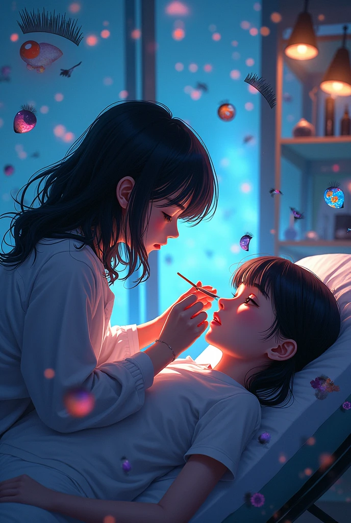 CREATE A DARK-HAIRED GIRL PUTTING EYELASHES ON ANOTHER GIRL ON A STRETCHER AND AN ANIMATED EYELASH STUDIO