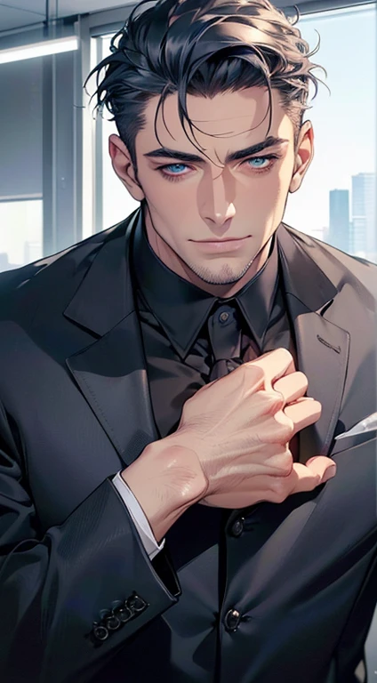 (best quality,4k,8k,highres,masterpiece:1.2),ultra-detailed,(realistic,photorealistic,photo-realistic:1.37),1 man,3,mature man,very handsome,without expression,smile,short blue back hair,blue eyes,penetrating gaze,perfect face without errors,imposing posture,businessman,office background,cinematic lighting,hdr image