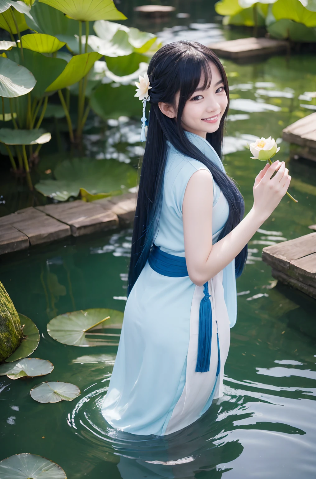 ((4k,masterpiece,best quality)), shuimobysim, Chinese painting, lotus, hanfu, maxiskit, dress open, swf 1girl, solo, long blue hair, smile, standing, feet in the water, barefoot,
