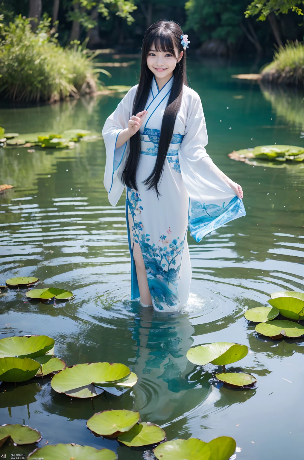 ((4k,masterpiece,best quality)), shuimobysim, Chinese painting, lotus, hanfu, maxiskit, dress open, swf 1girl, solo, long blue hair, smile, standing, feet in the water, barefoot,