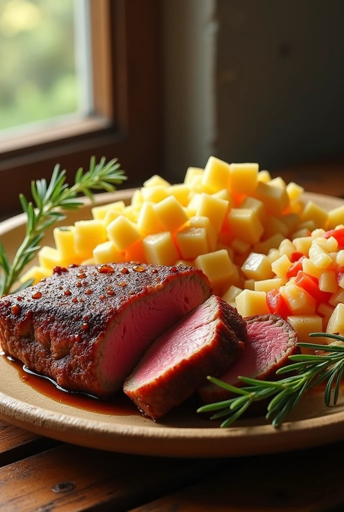 Create an image of diced roast beef, accompanied by chopped cassava and Russian salad.