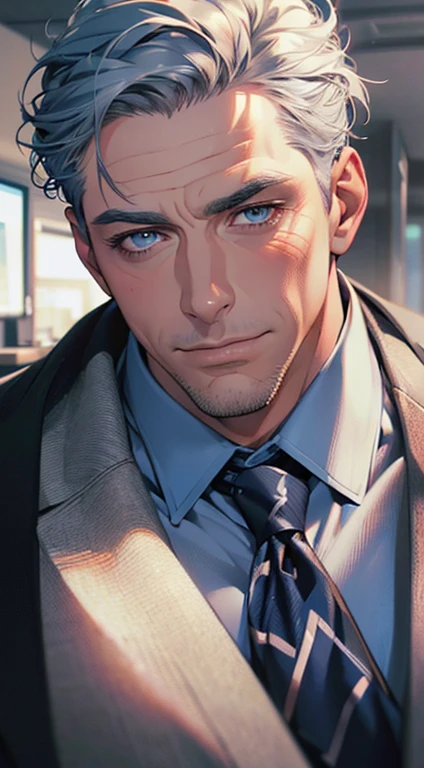 (best quality,4k,8k,highres,masterpiece:1.2),ultra-detailed,(realistic,photorealistic,photo-realistic:1.37),1 man,3,mature man,very handsome,without expression,smile,short grey blue hair,blue eyes,penetrating gaze,perfect face without errors,imposing posture,businessman,office background,cinematic lighting,hdr image