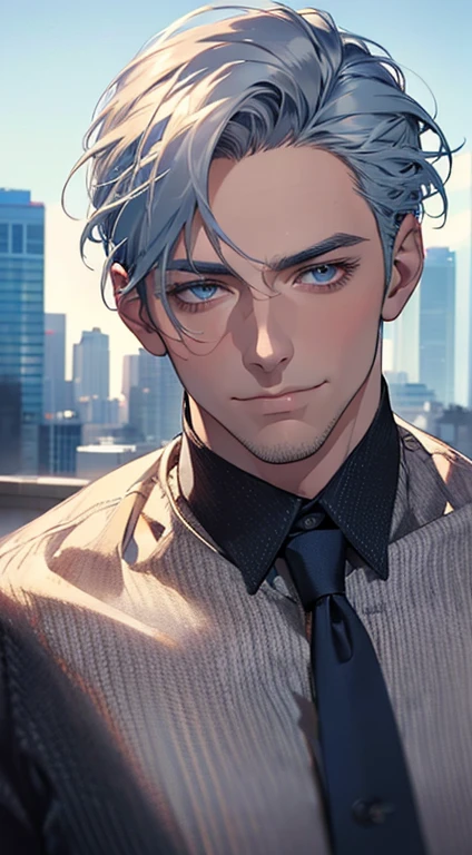 (best quality,4k,8k,highres,masterpiece:1.2),ultra-detailed,(realistic,photorealistic,photo-realistic:1.37),1 man,3,mature man,very handsome,without expression,smile,short grey blue hair,blue eyes,penetrating gaze,perfect face without errors,imposing posture,businessman,office background,cinematic lighting,hdr image