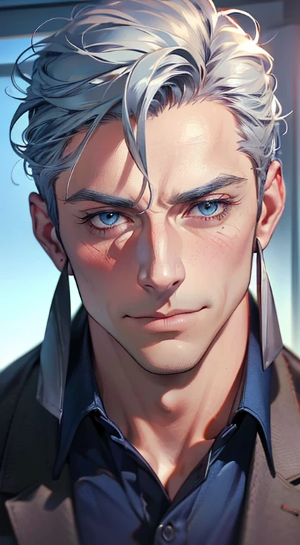 (best quality,4k,8k,highres,masterpiece:1.2),ultra-detailed,(realistic,photorealistic,photo-realistic:1.37),1 man,3,mature man,very handsome,without expression,smile,short grey blue hair,blue eyes,penetrating gaze,perfect face without errors,imposing posture,businessman,office background,cinematic lighting,hdr image