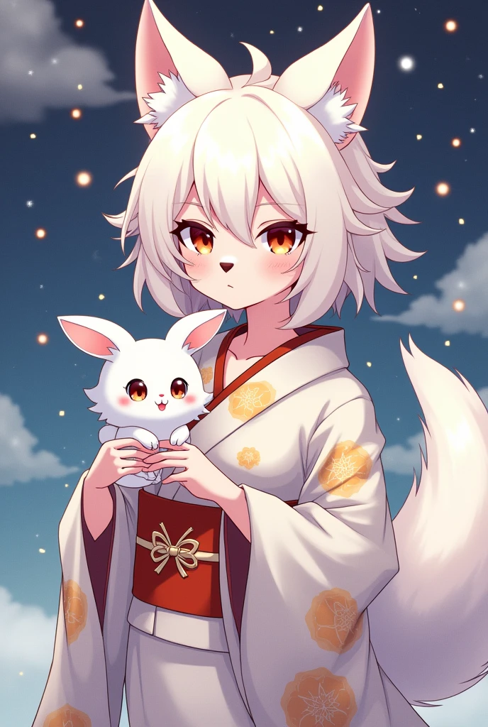 (tmasterpiece:1.2),(anatomy correct:1.1),(high qulity:1.5),(((solo femboy anthropomorphic)))Kimono furry_Transformation Wolf Flsona,1 Little bunny,White fur,Dark orange eyes,(Celestial nose),