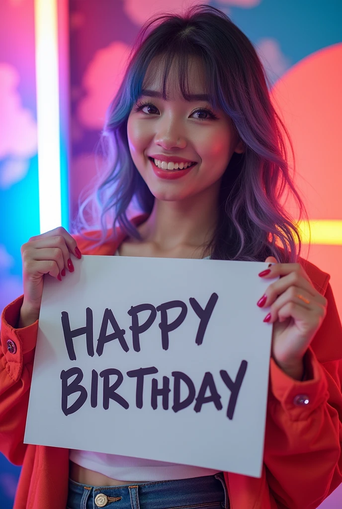 Photo of a girl in k-pop style, who holds a poster with the inscription: "Alina, happy birthday!"