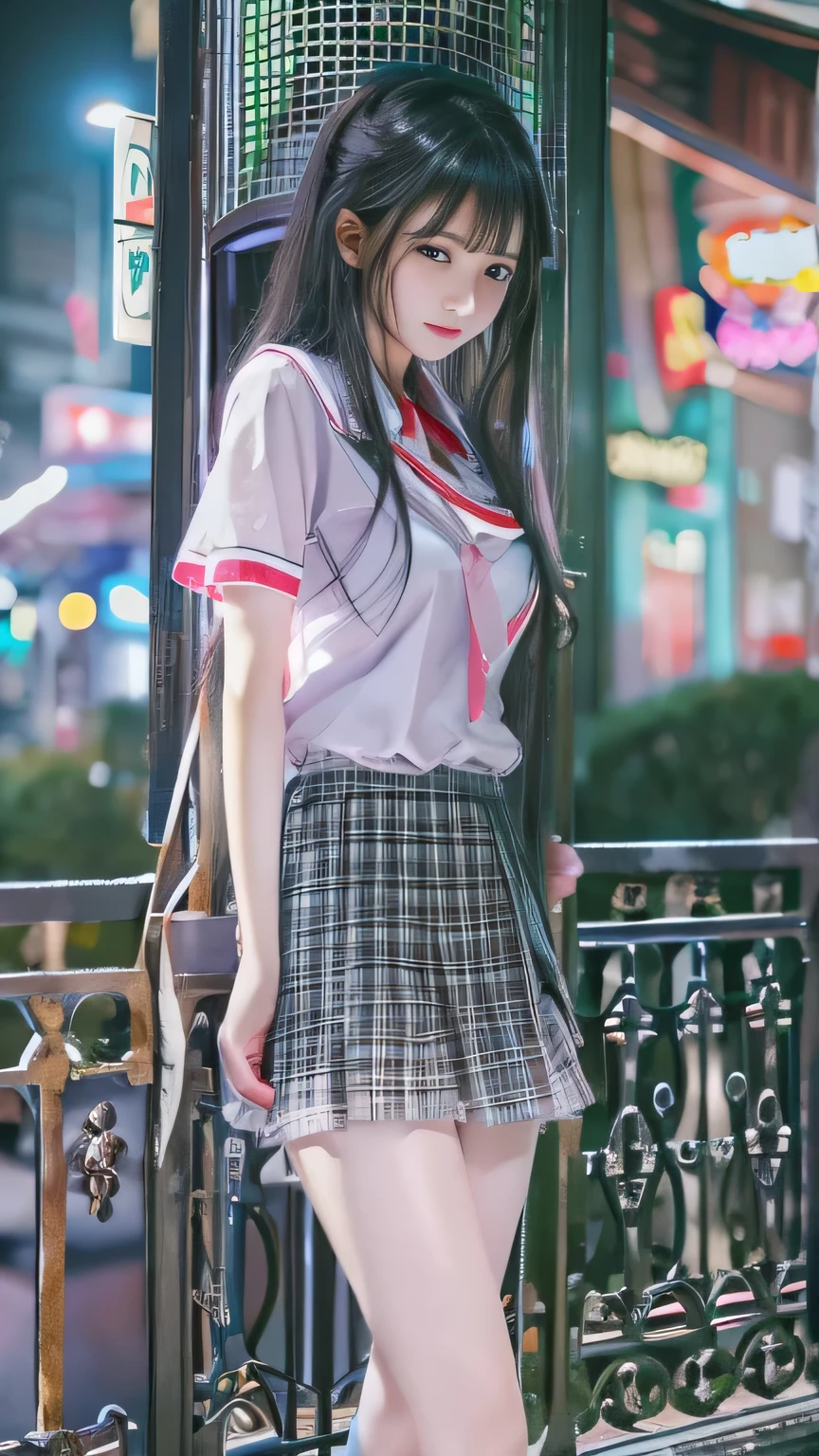 Highest quality,4K,8k,High resolution,masterpiece:1.2,Very detailed,A girl exuding fatigue,long, flowing black hair,Delicate features,Thinking eyes,White skin,Happy expression,Great atmosphere,Wearing a uniform、Gazing into the distance,,Romantic atmosphere、Roppongi Nightlife、Above-the-waist display、Ample breasts、Real Beauty、