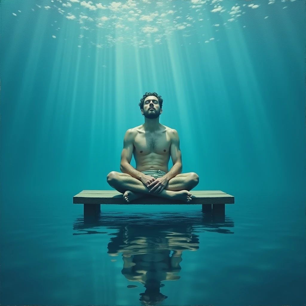 a man floating on a bench underwater, delicate oil painting simulation, mysterious mood, detailed face and body, sitting in reflection, blue background