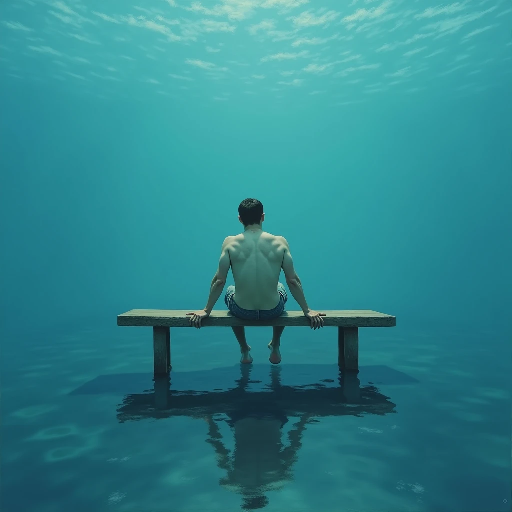 a man floating on a bench underwater, delicate oil painting simulation, mysterious mood, detailed face and body, sitting in reflection, blue background