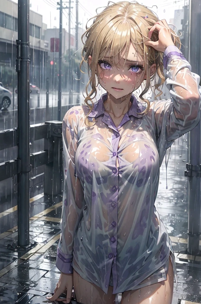 ((amazing purple eyes)), ((absolutely soaking wet, drenched, wet through)), wearing nothing but her pyjama shirt, patterned shirt, soaking wet, heavy rainfall, caramel-blonde hair, gorgeous amazing eyes, depressed purple eyes, crying, sad, very dark, nighttime, short hair, 