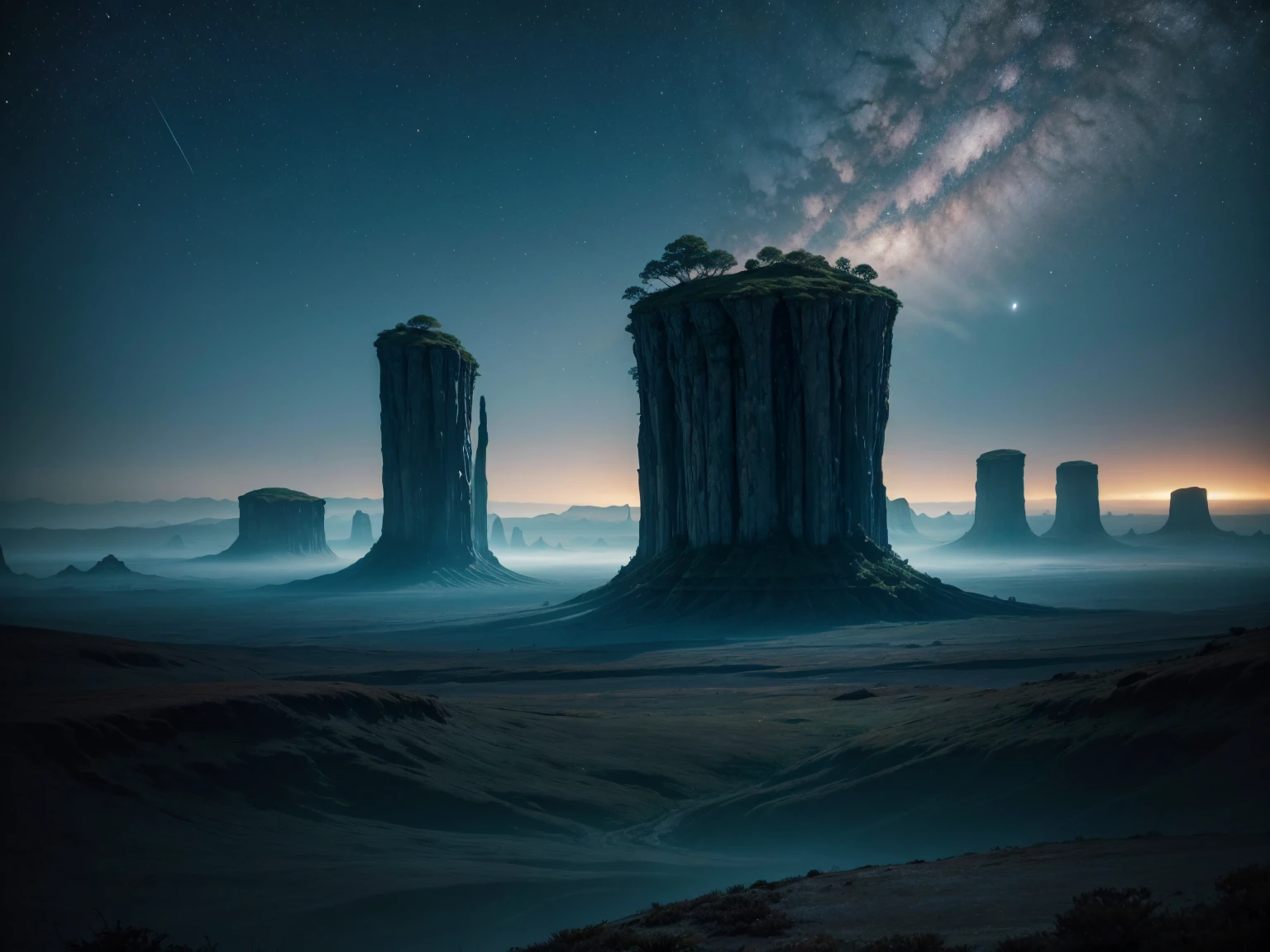 Visualize a vibrant extraterrestrial landscape filled with diverse forms of alien life. The scene is lush and teeming with bioluminescent flora and fauna, creating an otherworldly glow that illuminates the environment. Strange, towering plants with unusual textures and colors dominate the landscape, while ethereal creatures hover and move gracefully throughout the scene. Multiple celestial bodies, including moons and distant planets, are visible in the sky, creating a surreal and awe-inspiring view. The atmosphere is rich with mist and subtle light effects, giving a cinematic quality that blends a sense of mystery and adventure. The lighting is soft yet dramatic, capturing fine details of the terrain and sky with high contrast and deep shadows, evoking an epic sci-fi mood.