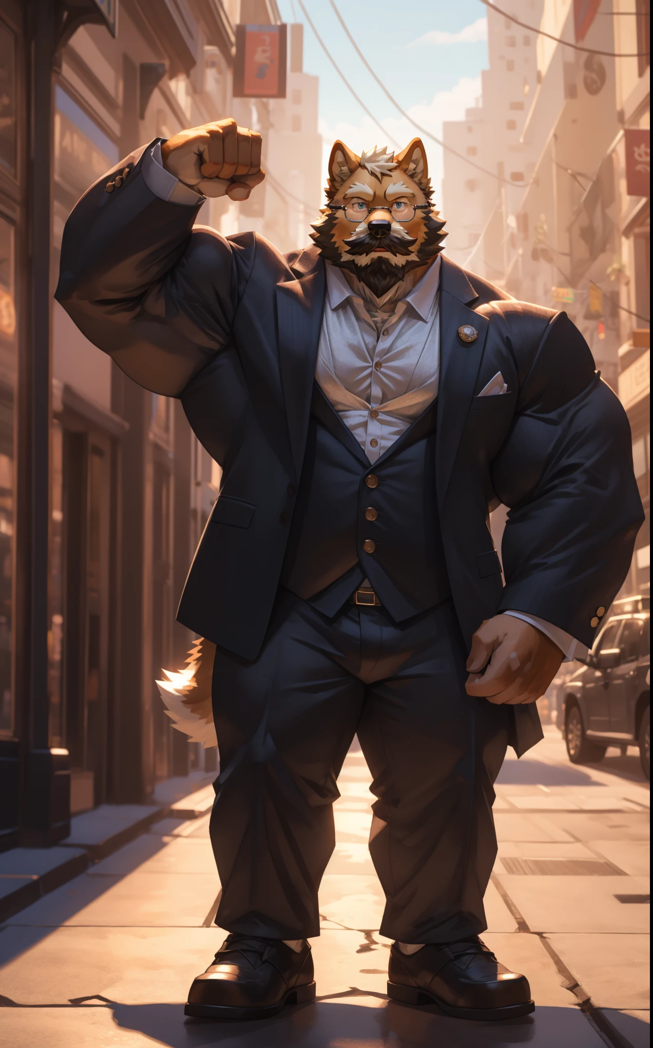 1boy, 1man, solo, a (furry Shiba Inu) standing, flexing muscle,(face, detailed face, bearded, white beard, thick mustache, glasses), city , front view, massive muscular , sixpack, (suits), well-muscled old man. ((thick arms, huge pec, huge arms)), wide smiling. Add textures and details to make the image more realistic, such as the appearance of the. Make sure the resulting image is high resolution, 8K quality
