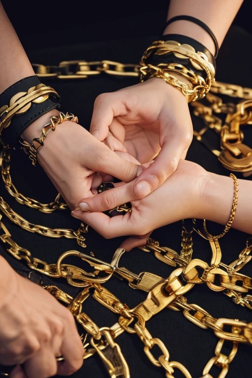 a close up of two hands holding chain with a white circle, ((chain)), chain broken on hands, 虚空にTied up, chain on hands, Broken chains, chain, dormant in chain, wearing chain, chainaw man manga, Broken gold chain, His hands are shackled, thick glowing chain, Arm close-up, Tied up, handcuffs, Close-up of hands clasped in front of stomach,