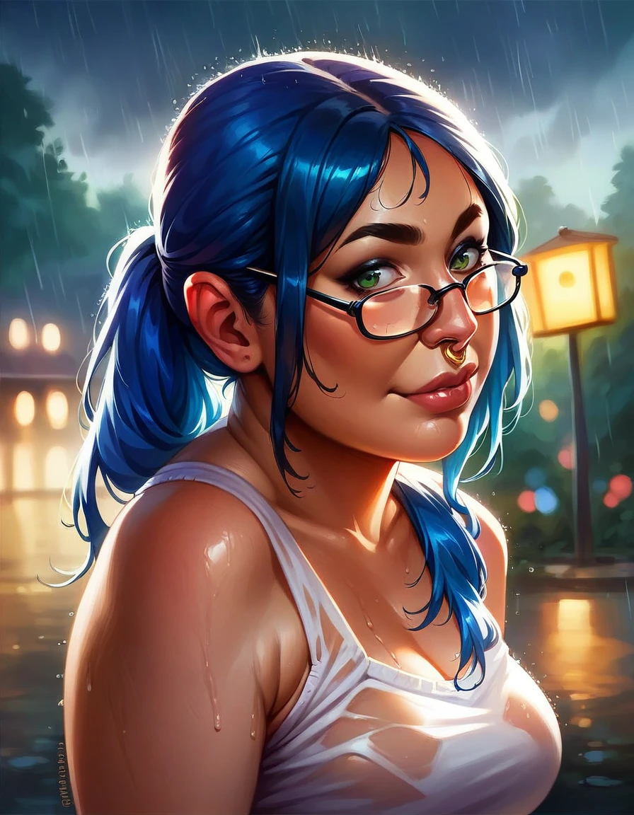 1girl, masterpiece, (chubby), ((dark eyeliner)), best quality, realistic face, black and blue hair with bangs and ponytail, large glasses, , , , green eyes, nose ring, chubby cheeks, long nose, low nose, high lips, dark eyebrows, ((trad blue and grey sundress)) thunderstorm background, ((raining)), ((golden hour lighting)), back porch background, big smile, w3t (full body picture)
wet top, wet hair, t