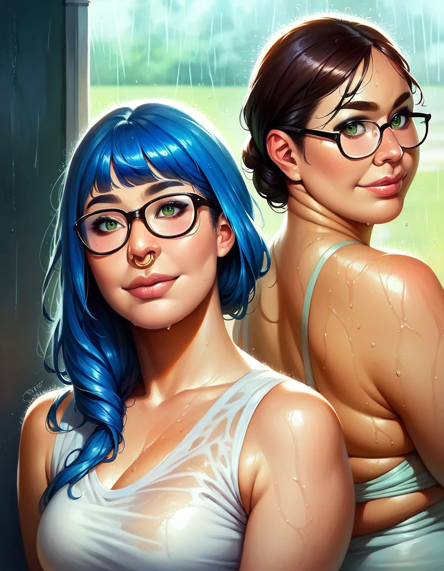 1girl, masterpiece, (chubby), ((dark eyeliner)), best quality, realistic face, black and blue hair with bangs and ponytail, large glasses, , , , green eyes, nose ring, chubby cheeks, long nose, low nose, high lips, dark eyebrows, ((trad blue and grey sundress)) thunderstorm background, ((raining)), ((golden hour lighting)), back porch background, big smile, w3t (full body picture)
wet top, wet hair, t