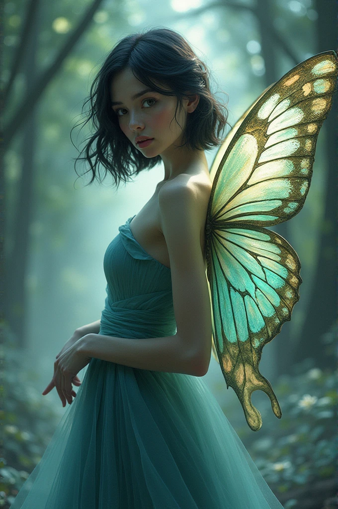 Woman with butterfly wings,  shoulder length hair, dark eye, 