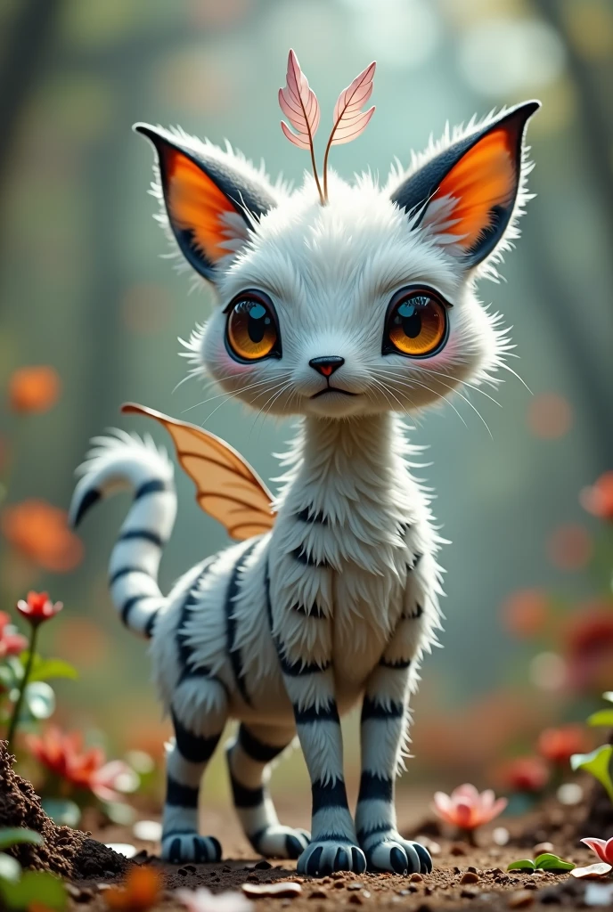 A creature that has a cylindrical body, an elongated head, eight legs, two eyes, a small black nose, floppy ears, a long fluffy tail, a pair of wings, and that the color of its fur is white with black stripes