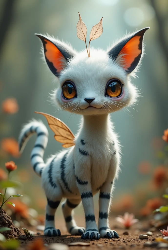 A creature that has a cylindrical body, an elongated head, eight legs, two eyes, a small black nose, floppy ears, a long fluffy tail, a pair of wings, and that the color of its fur is white with black stripes