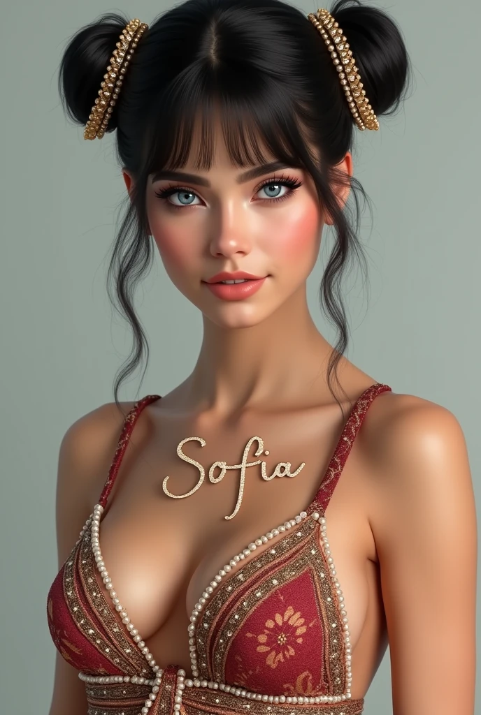Mexican A beautiful pale-skinned Latina , eyes blue, full body, perfect body, two buns, straight bangs, (best quality,4k,8k,highres,masterpiece:1.2),ultra-detailed,(realistic,photorealistic,photo-realistic:1.37),HDR,UHD,studio lighting,ultra-fine painting,sharp focus,physically-based rendering,extreme detail description,professional,vivid colors,bokeh,portraiture,glamour,sensual,alluring,wear mexi, in style of Retna, full body, Named on her chest Sofia