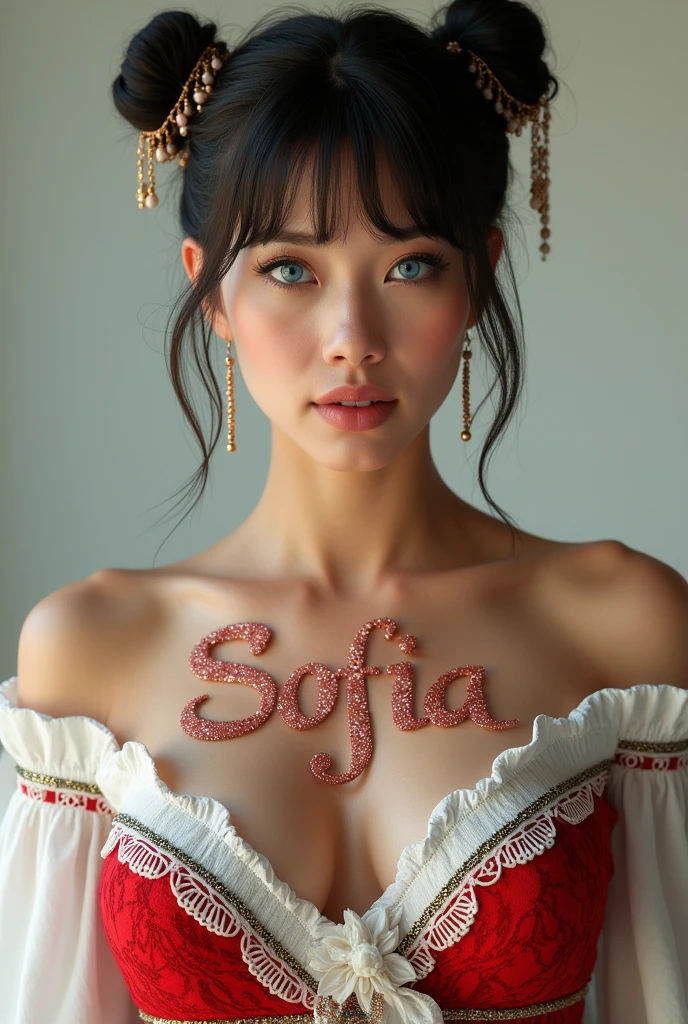 Mexican A beautiful pale-skinned Latina , eyes blue, full body, perfect body, two buns, straight bangs, (best quality,4k,8k,highres,masterpiece:1.2),ultra-detailed,(realistic,photorealistic,photo-realistic:1.37),HDR,UHD,studio lighting,ultra-fine painting,sharp focus,physically-based rendering,extreme detail description,professional,vivid colors,bokeh,portraiture,glamour,sensual,alluring,wear mexi, in style of Retna, full body, write the name Sofia with glitter