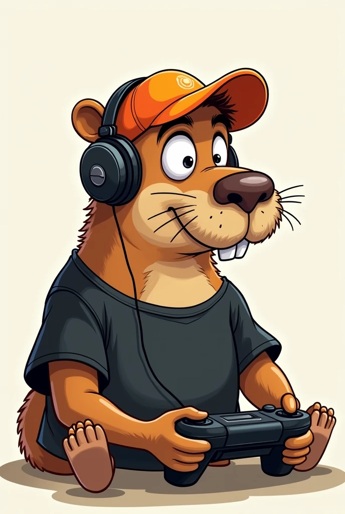 Cartoon drawing of a capybara face with a mustache playing a video game in a black t-shirt, orange cap and headphones! adult male without teeth