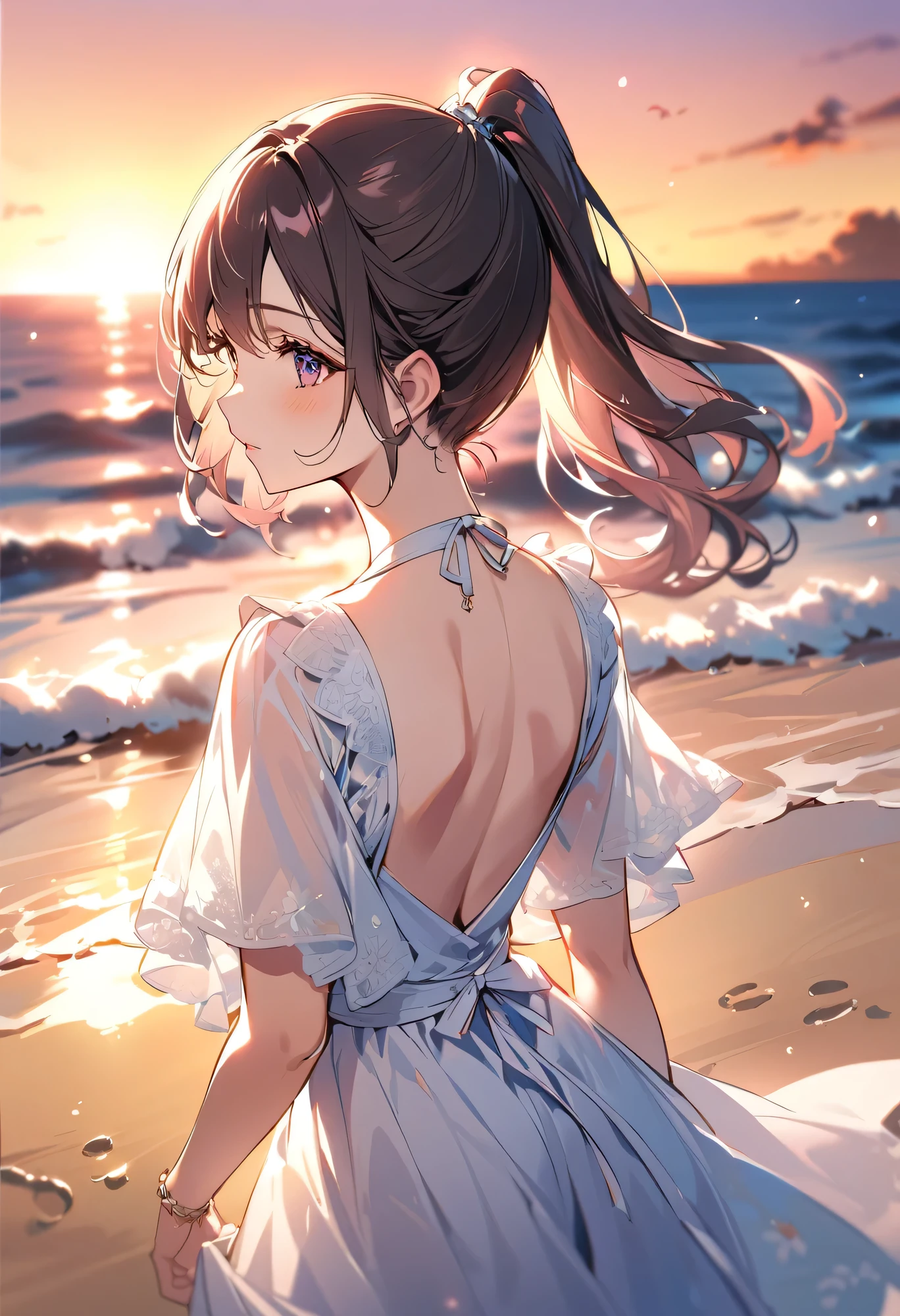 Highest quality、High resolution、Detailed Background、(Beautiful face in every detail:1.4)、Anatomically correct、Highly detailed face、Anime beauties in their twenties、Perfect body line、ponytail、Bobcut、
(A beautiful woman is seen from behind gazing at the sunset at the end of summer:1.5)、
At dusk on the beach、A gentle light shines on the water surface.、The footprints on the sand create a lonely atmosphere.、A girl in a summer dress、He looks sad as he gazes into the distant horizon、In the quiet scenery that brings to mind the end of summer、I can imagine what's going on in the girl's mind.、Loneliness and sadness、And a scene that makes you feel something to look forward to、
In the midst of nature's transitions、The girl's feelings may also change.、very beautiful
