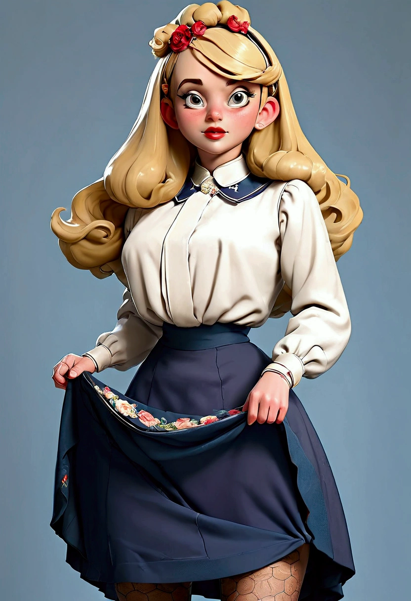 Lola Loud, a pretty **** blonde Gibson Girl of the 1900s flirting with the dirty 69yo judge of a beauty pageant, daintily lifting her skirts to reveal her high-waisted bloomers, garter silk stockings and boots. Year 1901. 1900_dr3ss. High-collar long sleeve shirtwaist, wide-brimmed Florodora hat, knee-length skirt, petticoats. Flat chested, wasp waist, bubble butt. Long hair. Big booty