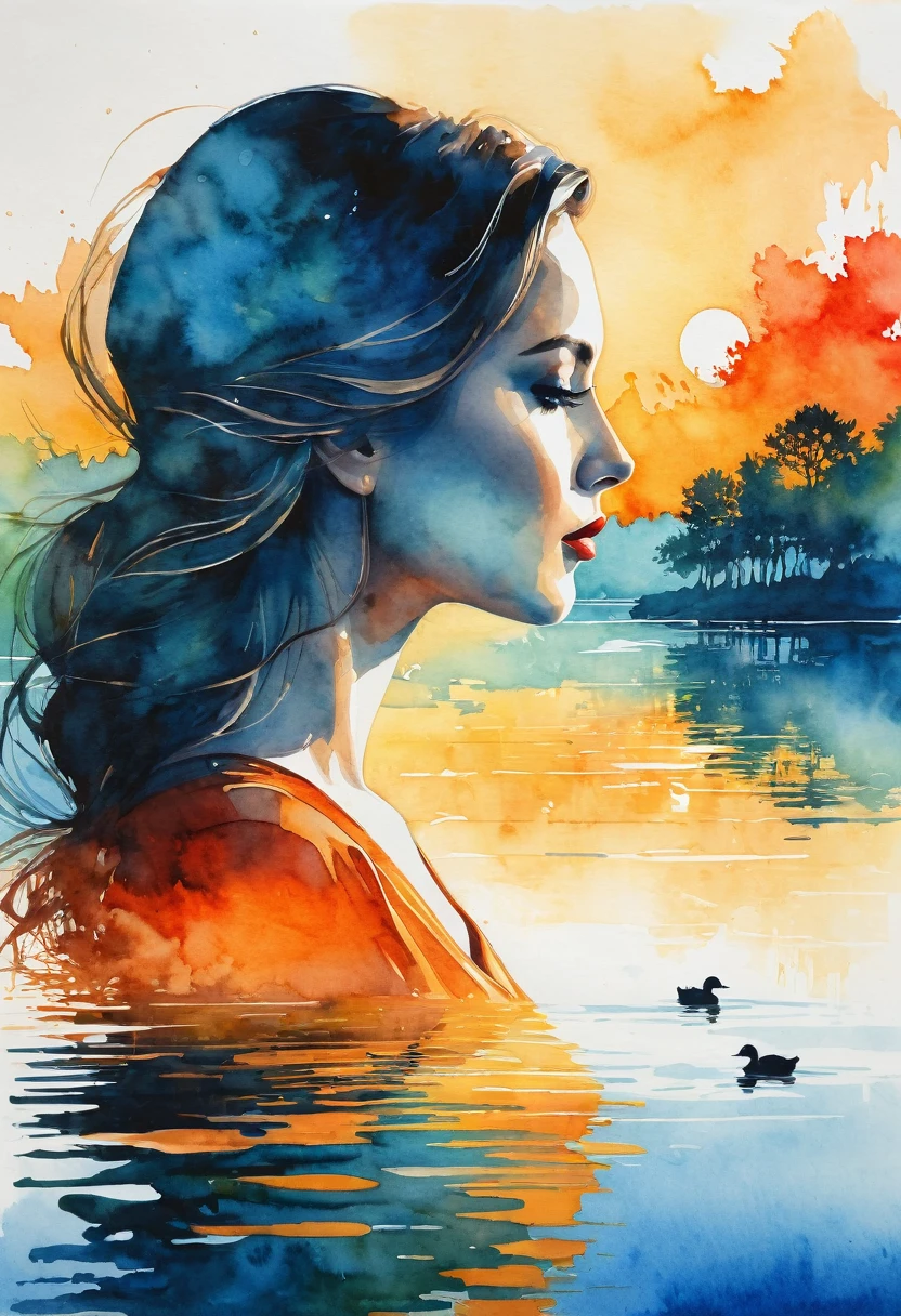 A detailed and artistic depiction of a beautiful female profile with a perfect face. The woman is the owner of a mature, elegant and dignified charm. Inside the silhouette of the woman is a double exposure of a captivating scene of sunset or sunrise over a calm blue lake. The sky is painted in shades of orange, yellow and red, and the silhouettes of green trees are reflected in the water. There are also two ducks swimming in the lake. The entire composition is against a background of watercolor stains in shades of white, blue and gold, giving the work a vivid and dynamic feel., Vividness, Painting,