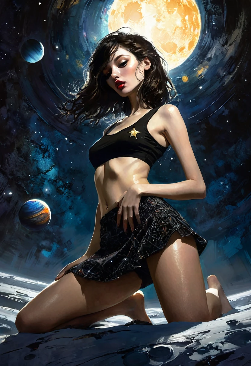 very long straight dark brown hair, small breasts, miniskirt,black tank top, in space, stars, magic, planets, (best quality, 4k, 8k, high resolution, masterpiece: 1.2)eroticism, sexy, black and white image, between shadows, oil painting, chiaroscuro, sensual, dramatic lighting, moody atmosphere, photorealistic, intricate details, masterpiece, ultra-detailed, high quality, 8k, best quality, realistic, cinematic, dark and brooding, expressionistic, powerful composition, emotional impact, art inspired by Bill Sienkiewicz and Dave McKean, ultra detailed, (realistic, photorealistic, photorealistic: 1.37), intricate details, vivid colors, sharp focus, professional, artwork by Dave McKean, surrealism touch oil, oil painting style, portrait, woman, beautiful detailed eyes, beautiful detailed lips, dreamy atmosphere, shadow play, soft lighting, fun pose, dark tones, ethereal background, fantasy elements, texture, layered composition, {{{,{pussy,spread her pussy,cum,cum on pussy,masterbation,straddling,y}}},cute,ultra detailed skin,sketch}}, art inspired by Bill Sienkiewicz and Dave McKean