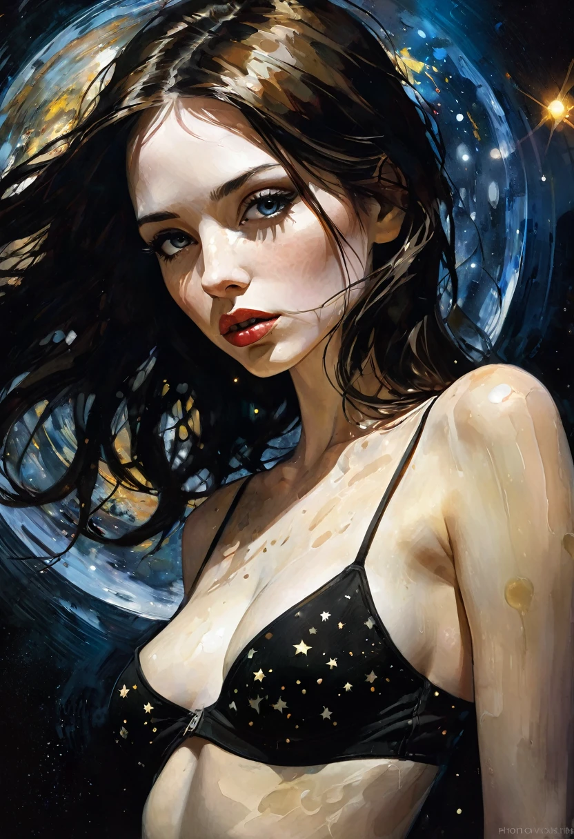very long straight dark brown hair, small breasts, miniskirt,black tank top, in space, stars, magic, planets, (best quality, 4k, 8k, high resolution, masterpiece: 1.2)eroticism, sexy, black and white image, between shadows, oil painting, chiaroscuro, sensual, dramatic lighting, moody atmosphere, photorealistic, intricate details, masterpiece, ultra-detailed, high quality, 8k, best quality, realistic, cinematic, dark and brooding, expressionistic, powerful composition, emotional impact, art inspired by Bill Sienkiewicz and Dave McKean, ultra detailed, (realistic, photorealistic, photorealistic: 1.37), intricate details, vivid colors, sharp focus, professional, artwork by Dave McKean, surrealism touch oil, oil painting style, portrait, woman, beautiful detailed eyes, beautiful detailed lips, dreamy atmosphere, shadow play, soft lighting, fun pose, dark tones, ethereal background, fantasy elements, texture, layered composition, {{{,{pussy,spread her pussy,cum,cum on pussy,masterbation,straddling,y}}},cute,ultra detailed skin,sketch}}, art inspired by Bill Sienkiewicz and Dave McKean