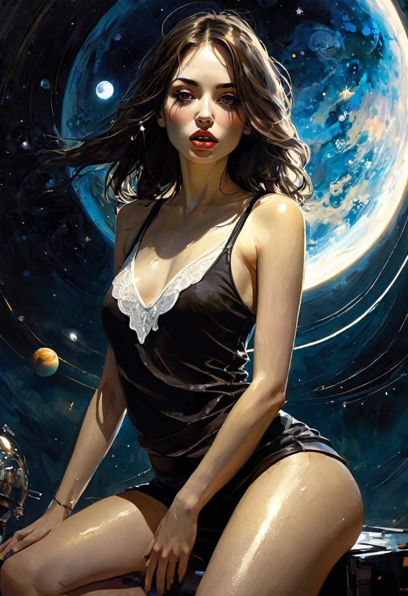 very long straight dark brown hair, small breasts, miniskirt,black tank top, in space, stars, magic, planets, (best quality, 4k, 8k, high resolution, masterpiece: 1.2)eroticism, sexy, black and white image, between shadows, oil painting, chiaroscuro, sensual, dramatic lighting, moody atmosphere, photorealistic, intricate details, masterpiece, ultra-detailed, high quality, 8k, best quality, realistic, cinematic, dark and brooding, expressionistic, powerful composition, emotional impact, art inspired by Bill Sienkiewicz and Dave McKean, ultra detailed, (realistic, photorealistic, photorealistic: 1.37), intricate details, vivid colors, sharp focus, professional, artwork by Dave McKean, surrealism touch oil, oil painting style, portrait, woman, beautiful detailed eyes, beautiful detailed lips, dreamy atmosphere, shadow play, soft lighting, fun pose, dark tones, ethereal background, fantasy elements, texture, layered composition, {{{,{pussy,spread her pussy,cum,cum on pussy,masterbation,straddling,y}}},cute,ultra detailed skin,sketch}}, art inspired by Bill Sienkiewicz and Dave McKean