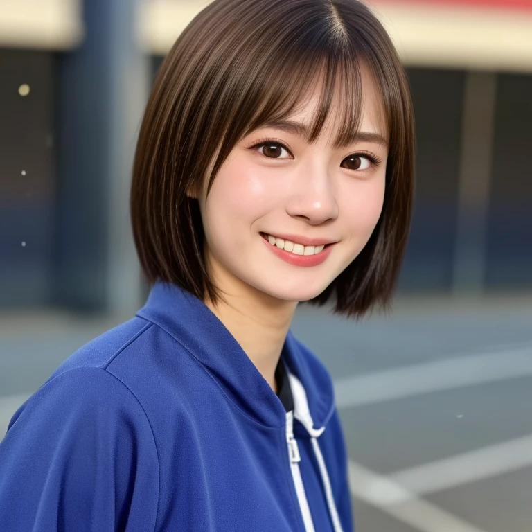 (kawaii 24 year-old Japanese girl, Nogizaka idol, Korean idol), healthy female athlete body, (glossy brown hair, short hair, pixie cut, bangs:1.3), (rounded face, beautiful black eyes, single eyelid, no makeup:1.2), (looking at away, grin:1.3), (wearing light blue track jacket, sweat jogger pants:1.3), perfect shaped extra small breasts, BREAK, (track and field stadium background), (dynamic angle, bust shot:1.2), BREAK, (masterpiece, best quality, photo realistic, official art:1.4), (UHD, 8K quality wallpaper, high resolution, raw photo, golden ratio:1.3), (shiny skin), professional lighting, physically based rendering, award winning, (highly detailed skin, extremely detailed face and eyes), Carl Zeiss 85 mm F/1.4, depth of field, 1girl, solo,