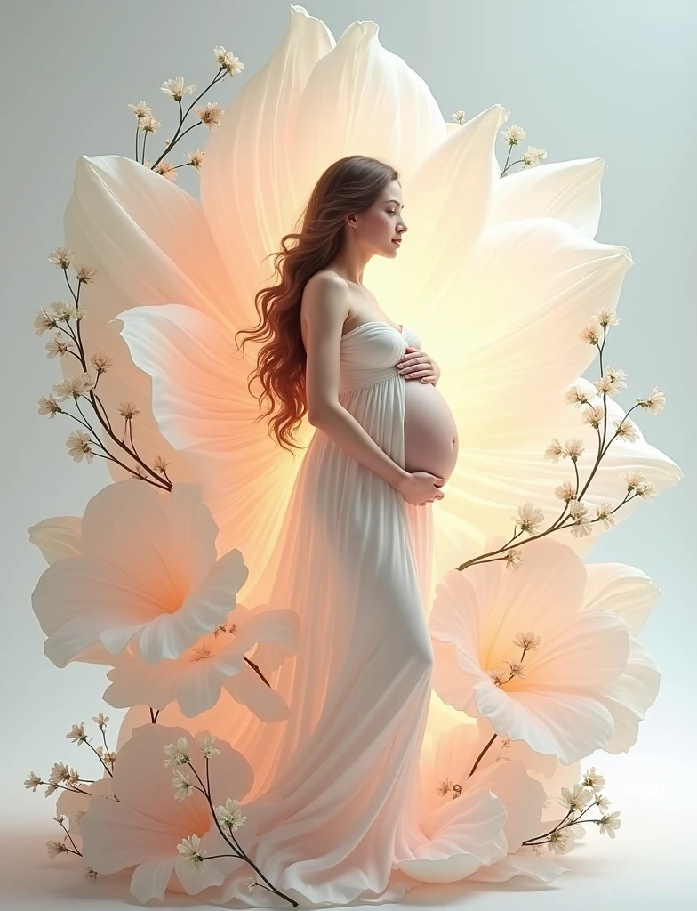 pregnant woman in a white dress standing in a large flower, digital art inspired by Igor Kieryluk, trending on cg society, digital art, maternal photography 4 k, perky woman made of petals, pregnant belly, stunning elegant pose, flower goddess, lady with glowing flowers dress, maternity feeling, dressed in a flower dress, photo manipulation, beautiful and graceful, pregnant