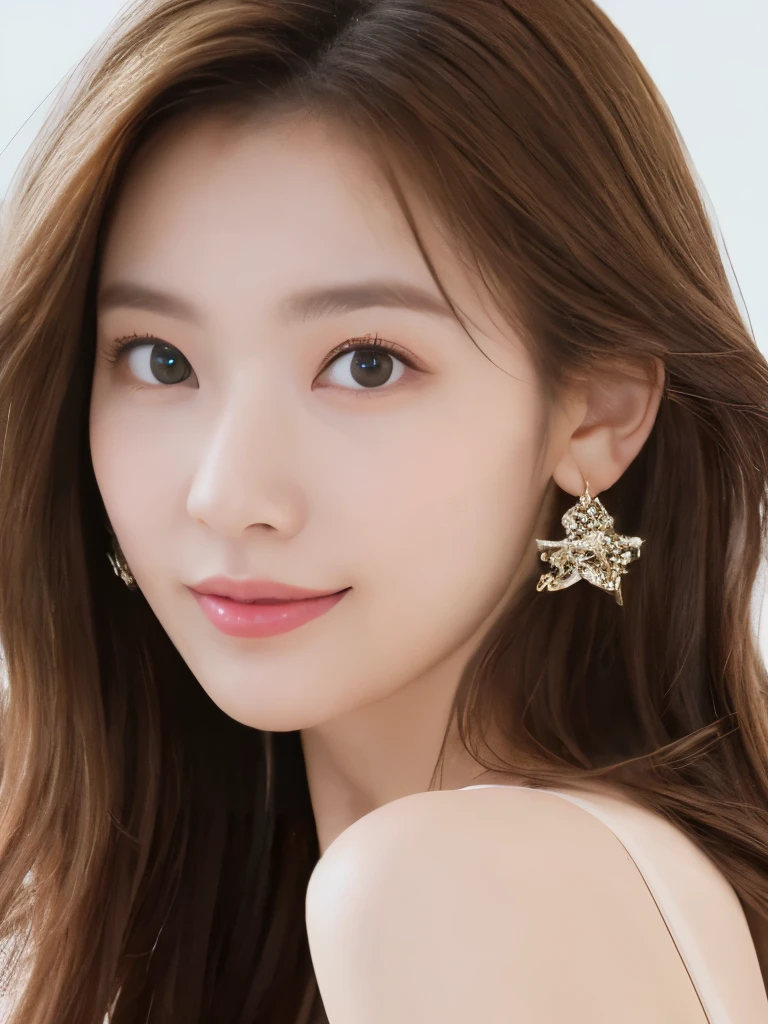 (highest quality、16K high resolution、Super detailed、masterpiece、Live shooting、realistic:1.5、hyper realism:1.5、sharp focus、very delicate and beautiful、small details, bust shot), 3 Japanese woman, 160cm tall, 50kg, bust 84cm, waist 59cm, hips 86cm, heart-shaped face with a pointed chin, shoulder-length layered brown hair styled with soft waves, groomed eyebrows, large expressive brown eyes, a straight nose, full smiling lips, wearing a yellow floral blouse, blue jeans, silver hoop earrings, a few faint freckles adding youthfulness, an overall warm and approachable demeanor, {{{{resembling actress Aya Omasa}}}}
