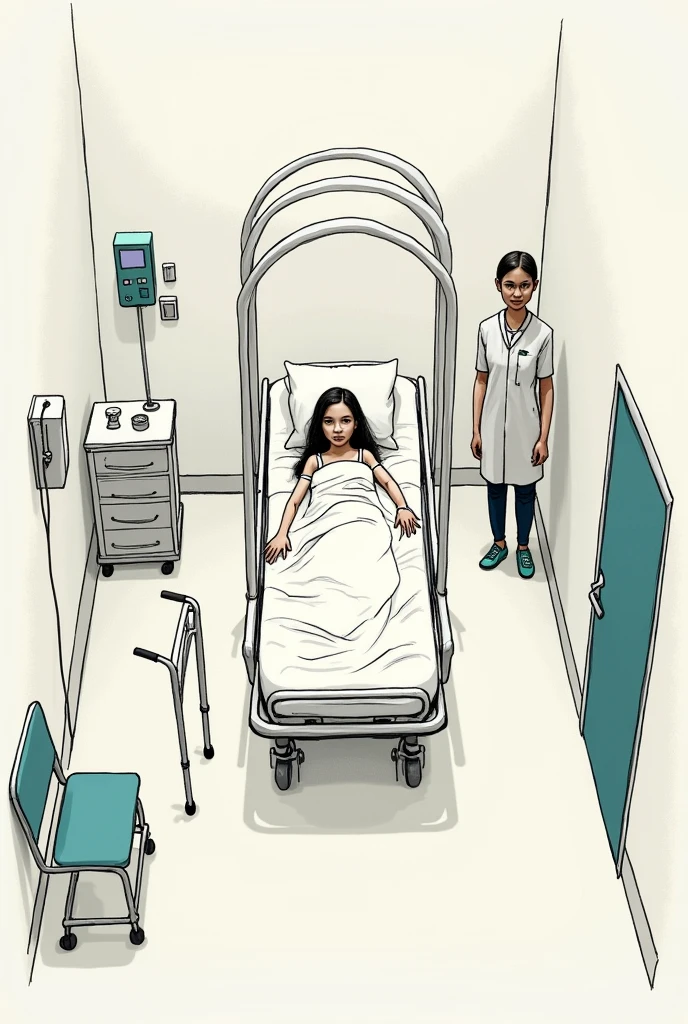 a room with a hospitalized patient on a stretcher, put an arch on the stretcher, crutches and walker at the patient's bedside and a nurse , that looks like a drawing made by a person