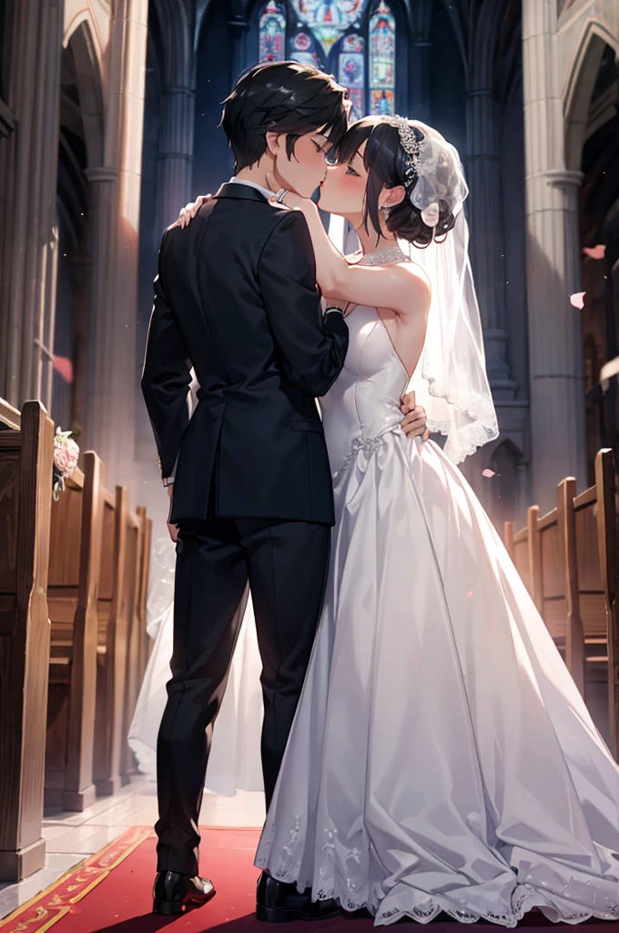 (masterpiece), 4K,{{{2 women}}}, Wedding dress,tuxedo,Lesbian，shoes，Random Hairstyles,headgear, wedding,church,A kiss of vows in front of the pastor,((Lesbian Kiss)),Shooting from afar