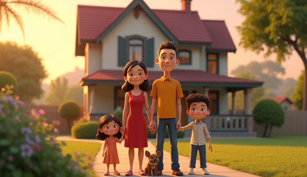 Im Stil von Pixar 3D-Animation filmen (Caricature). A family in front of their house, the children are grown up.