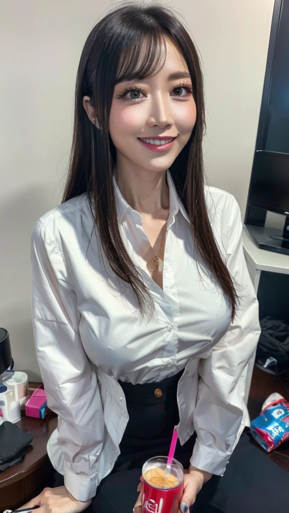 (SFW:1.8, highest quality、highest quality、masterpiece、Ultra-high resolution, 8k, RAW Photos, Realistic: 1.4), (Safe and secure、everyone、safety sensor、Absolutely safe, safety)
From feet to head、One Girl, the body is slim、Oval Face, pore, (Colored contact lenses、Lip gloss, Long eyelashes), ((Jirai Girl, Jirai Type Makeup:1.3))、(Mega size super big breasts:1.5),Long black hair, (Oily skin, Glowing Skin), (Perfect Fingers、accessories),
(Little devil smile face、Sexy smile expression:0.8, Open your mouth、Seducing girl),
(Sexy pose, Late Night:1.5、Dark Room:1.5, Dim lighting:1.5)、
(Casual Office Lady Fashion:1.3、White shirt),
Drinking canned beer、Japanese can of beer in hand、(((Messy room、The discarded jacket、Rubbish bag、rubbish、A lot of rubbish:1.5, Dirty room、A room full of rubbish)))、(Apartment Bed Room:1.5,)、Sit on a chair、(Drinking at home、pov:1.8)