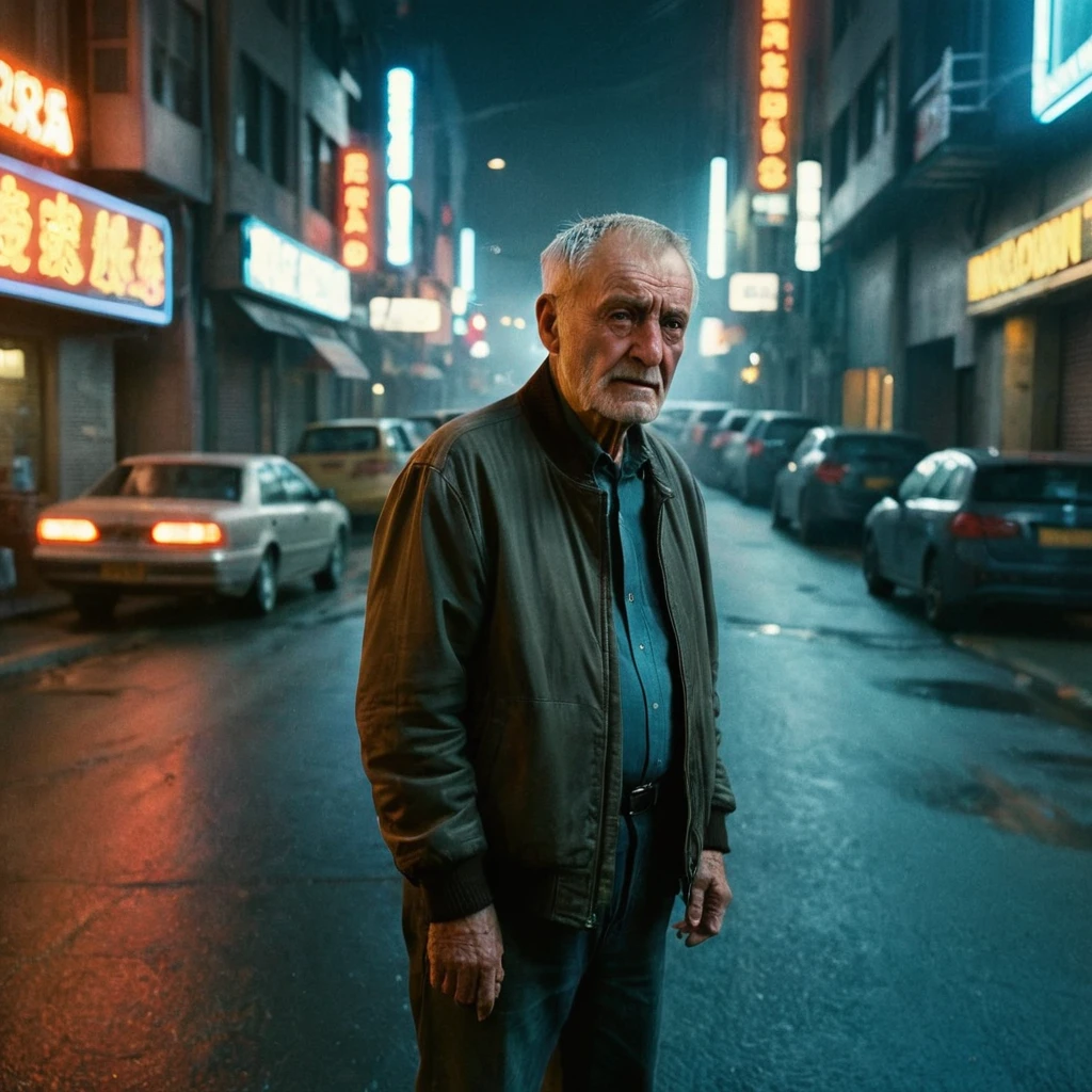 (masterpiece, 8k, best quality:1.2), album cover shoot, photorealistic, hyper detailed, cinematic, sad, arri alexa 65, film, portra 400, an old man, the old is in the middle of a distopian blade runner type street, the old man is the very essence of "broken and bowed", neon and haze and cars and flying cars and people all ignoring this man, night time, medium grain