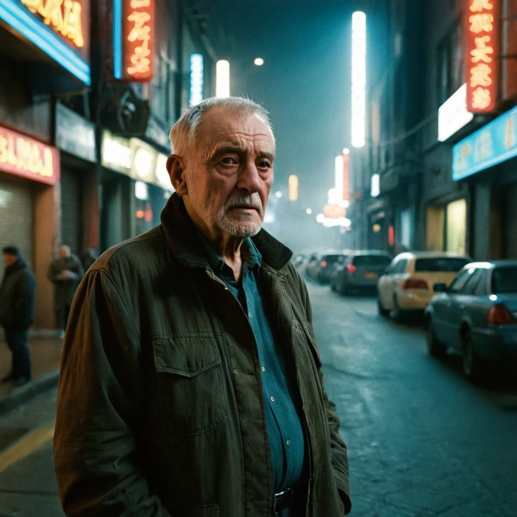 (masterpiece, 8k, best quality:1.2), album cover shoot, photorealistic, hyper detailed, cinematic, sad, arri alexa 65, film, portra 400, an old man, the old is in the middle of a distopian blade runner type street, the old man is the very essence of "broken and bowed", neon and haze and cars and flying cars and people all ignoring this man, night time, medium grain