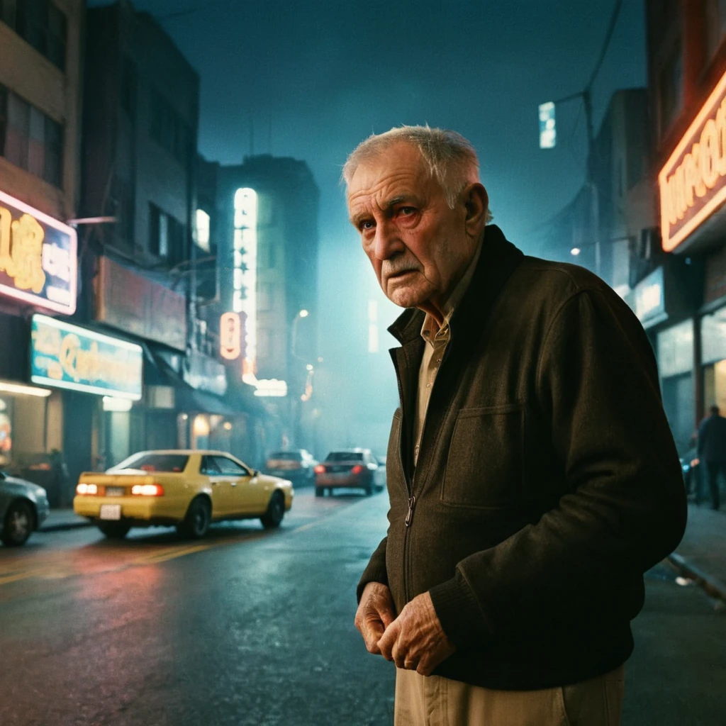 (masterpiece, 8k, best quality:1.2), album cover shoot, photorealistic, hyper detailed, cinematic, sad, arri alexa 65, film, portra 400, an old man, the old is in the middle of a distopian blade runner type street, the old man is the very essence of "broken and bowed", neon and haze and cars and flying cars and people all ignoring this man, night time, medium grain