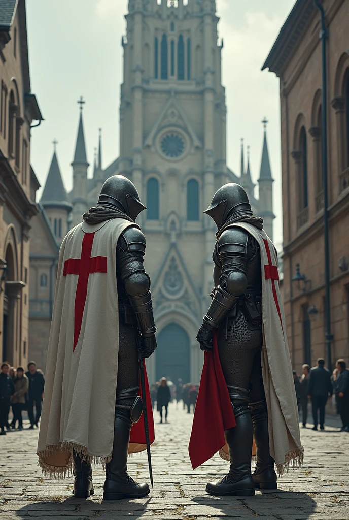 Two modern soldiers merging with Templar armor , gray steel chainmail uniform , modern hood modern white vest with a red templar cross,modern military boots with gun in hand standing guard around a giant catholic cathedral with civilians nearby