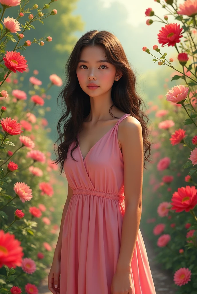 Real Pinay girl 20 years old with dress pink standing flowers 