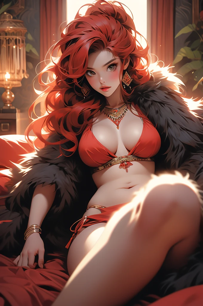 tribal clothing, fur bikini, primeval woman, red hair, confused, voluptuous, lying on a bed