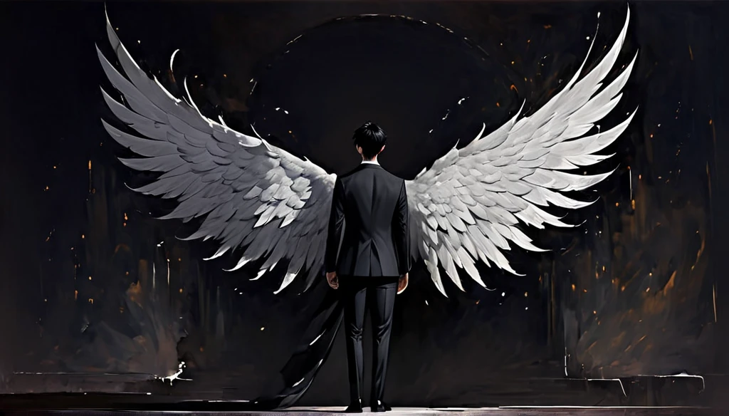 A handsome boy with jet black hair and eyes, in an elegant suit, while large black wings emerge from his back, in the middle of a ballroom, alone, surrounded by darkness, standing with his back to the dark stage, lonely