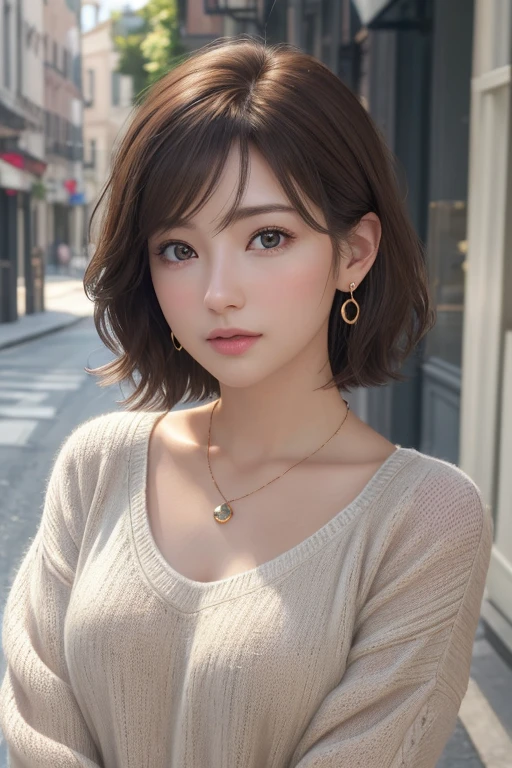 (Representative works:1.3)、(8k、Realistic、RAWphotograph、Best image quality:1.4)、(30 year old mature woman)、Small face、Beautiful Face、(Realistic Face)、No makeup、Natural Makeup、light makeup、 (Dark brown、short hair:1.3)、Beautiful hairstyle、Realistic eyes、Beautiful attention to detail、 (Realisticな肌)、Beautiful Skin、 (sweater),,Bust B cup、 Confused、 charm, 超High resolution, Ultra-realistic, High resolution, Golden ratio FF Tifa、Gray background、最high quality、masterpiece、High resolution、1 female、necklace、gem、Earrings、Beautiful Face、Body Up、Tyndall effect、Realistic、Rim Light、Two-tone lighting、(High resolutionスキン:1.2)、8k UHD、Digital SLR、Soft lighting、high quality、Volumetric lighting、photograph、High resolution、4K、8k、Brown haired woman、Adult、Small eyes、Perfect Mouth、Highly detailed eyes and mouth、Black natural eyes、Pure brown hair color、lol、Caucasian skin color、Hair quality and shine、street、town、road、congestion、