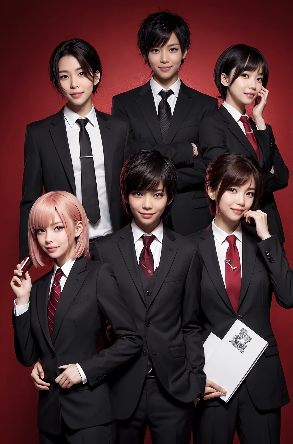 Trio of suit and tie,dynamic pose,nervous expression, with red background,death note style